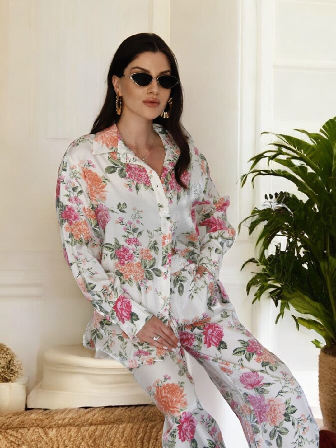 Women's Full Sleeve Shirt Collar Top with Open Bottom Multisize Co-Ords Set - Elegant Floral Designs