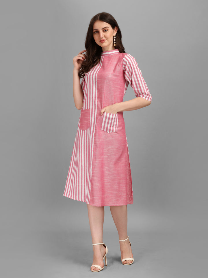 WOMEN STRIPED FANCY MIDI DRESS - SKY BLUE