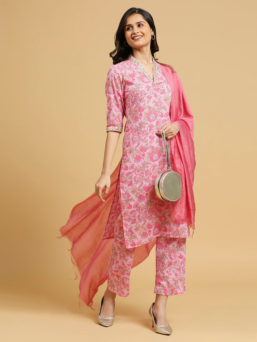 Embroidered Cotton Kurti, Pant, and Dupatta Set