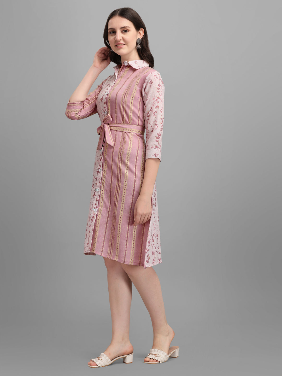 BEIGE SHIRT DRESS WITH TIE-UPS -PINK