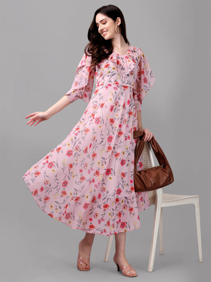 FANCY SLEEVE WITH FLORAL PRINTED GOWN - PINK