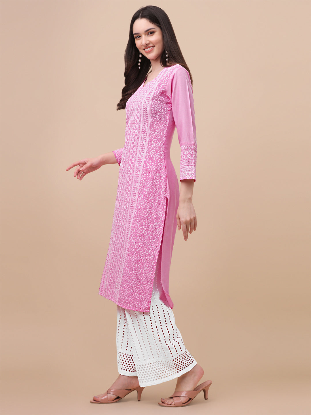 FANCY EMBROIDERY KURTI PALAZZO SET - PEACH