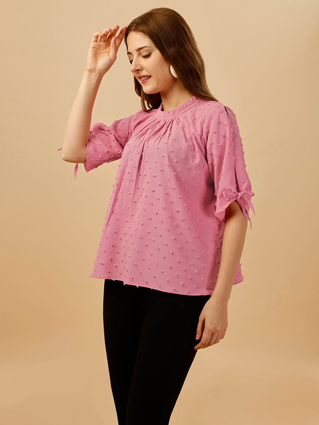 RUFFLE NECK PASTEL TOP-PINK