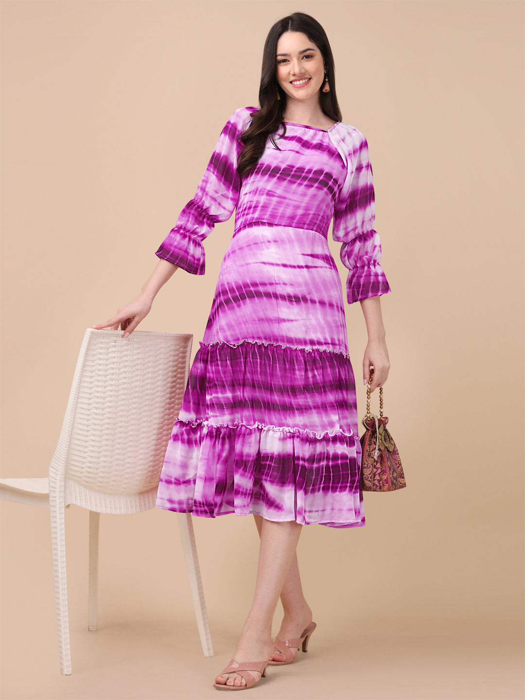 SHIBORI PRINTED MIDI DRESS-MAROON