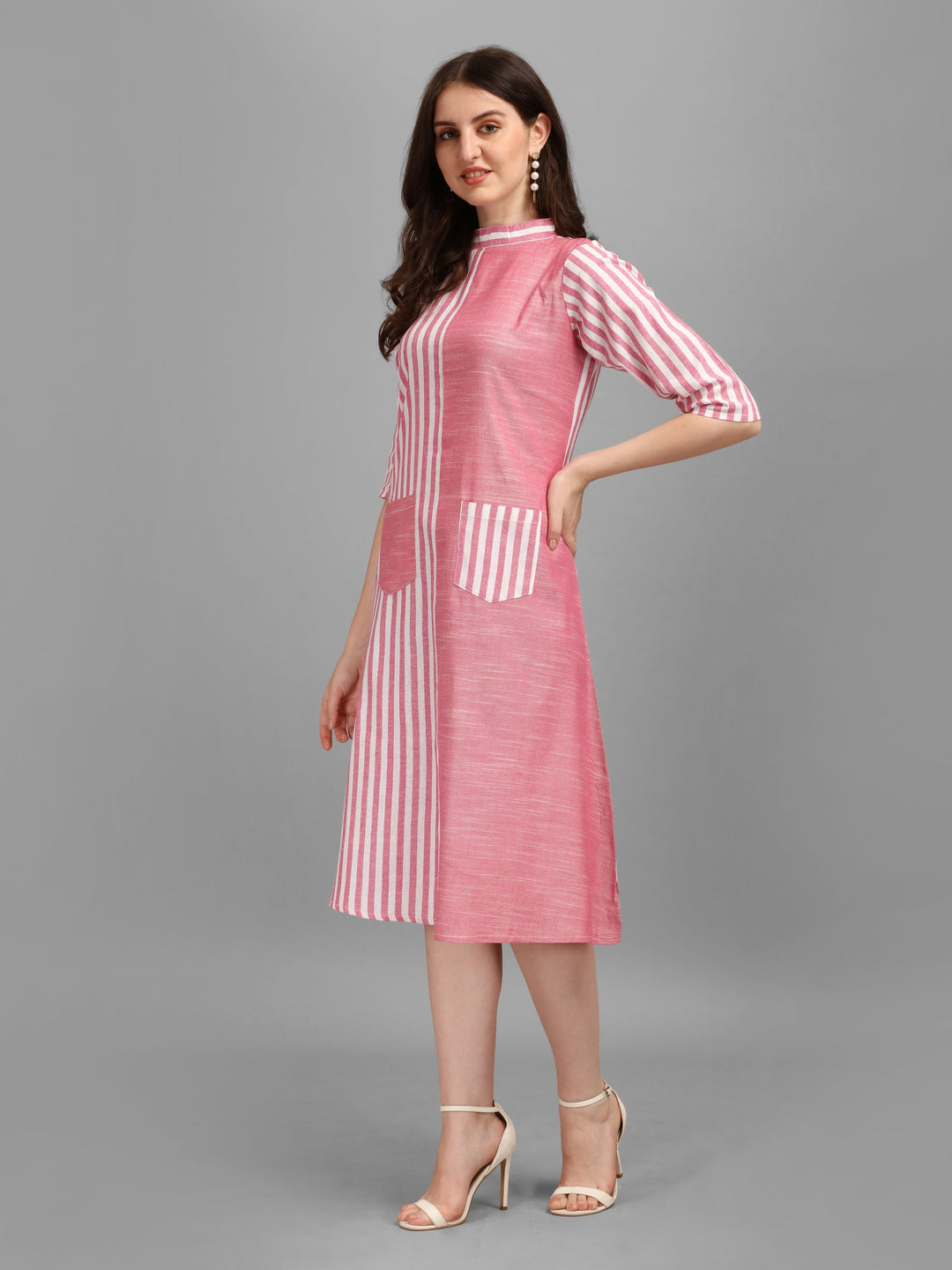 WOMEN STRIPED FANCY MIDI DRESS - PINK