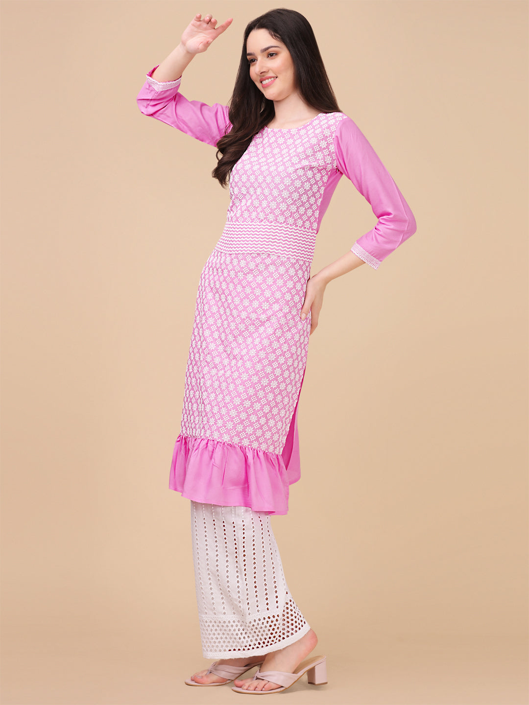 EMBROIDERY RAYON KURTI PALAZZO SET - PINK