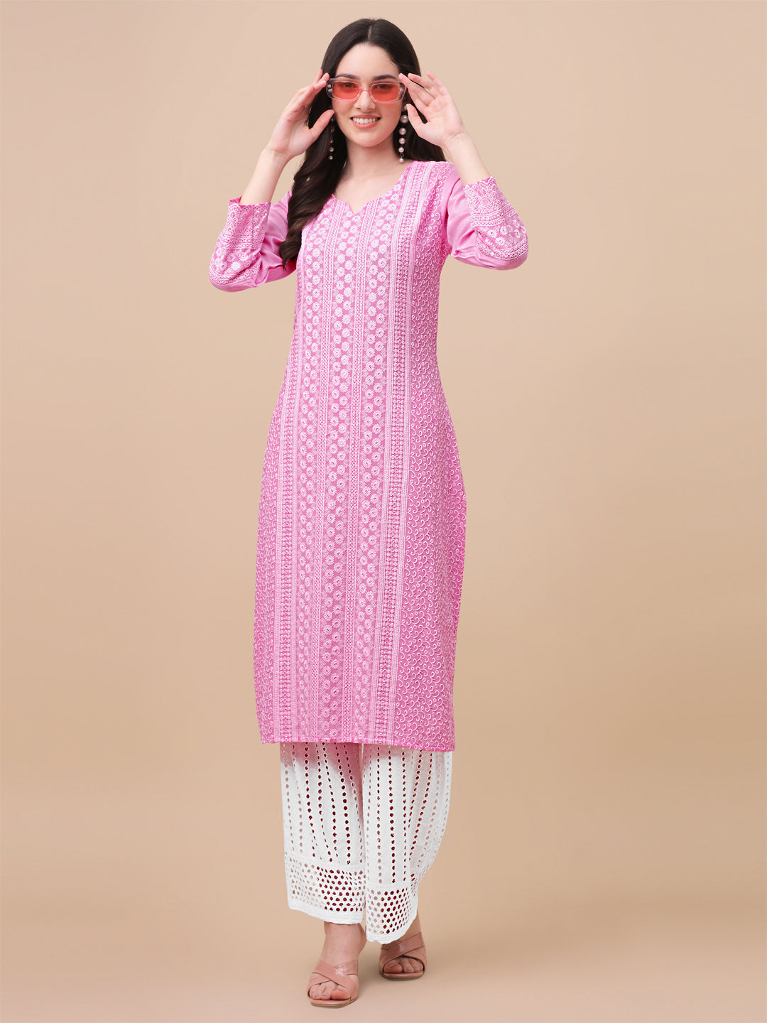 FANCY EMBROIDERY KURTI PALAZZO SET - PEACH