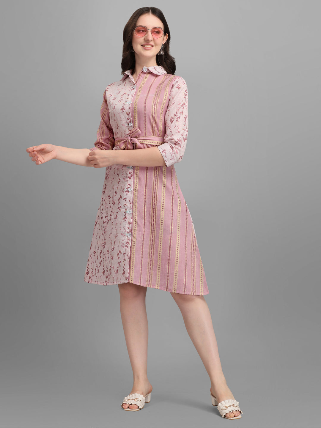 BEIGE SHIRT DRESS WITH TIE-UPS -PINK