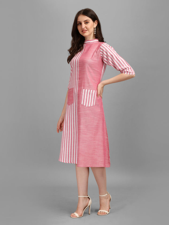 WOMEN STRIPED FANCY MIDI DRESS - YELLOW