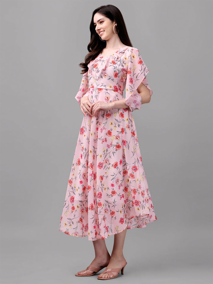 FANCY SLEEVE WITH FLORAL PRINTED GOWN - PINK