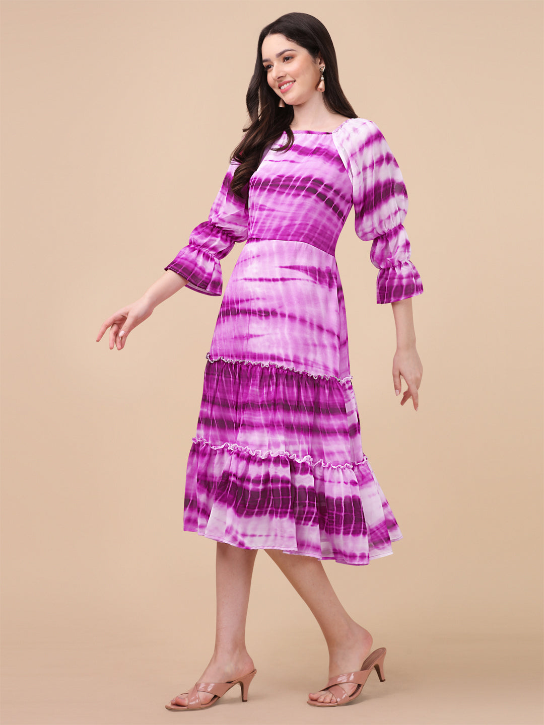 SHIBORI PRINTED MIDI DRESS-MAROON