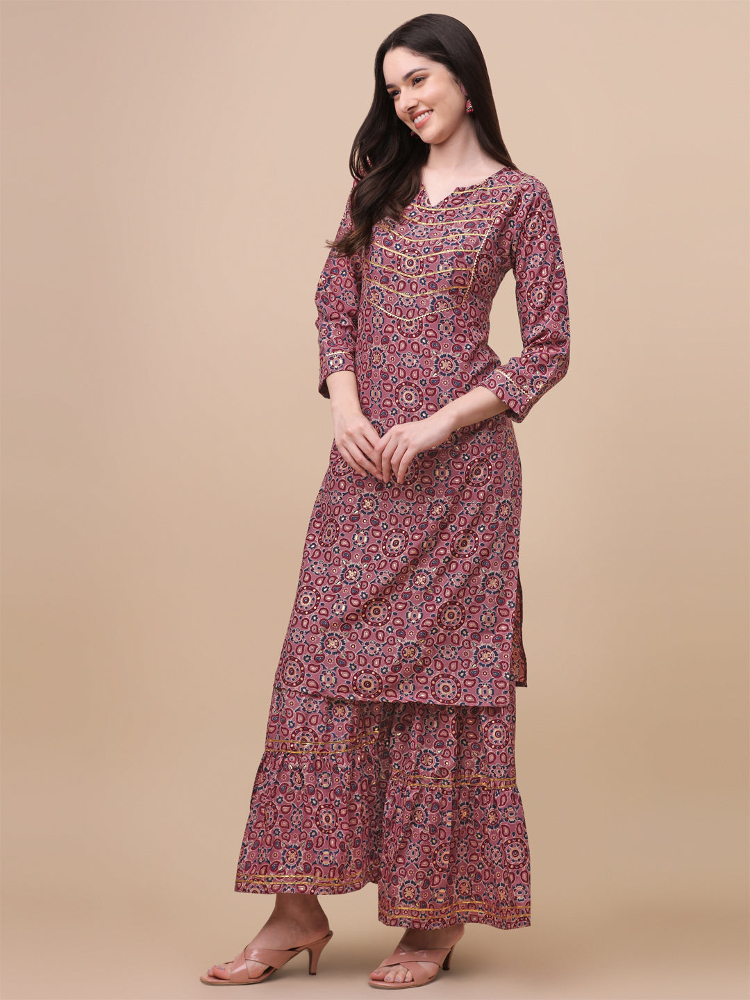 MULTI COLOR PRINTED SHARARA KURTI SET-PINK