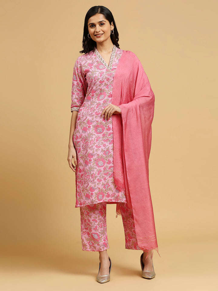 Embroidered Cotton Kurti, Pant, and Dupatta Set