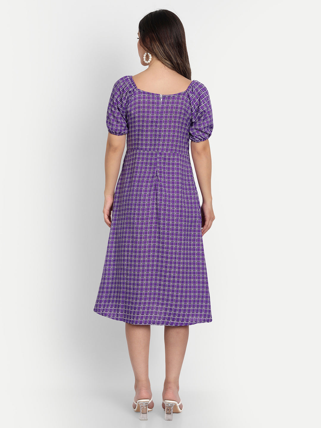 ELEGENT CHECKED AND BUTTONED DRESS - BEIGE