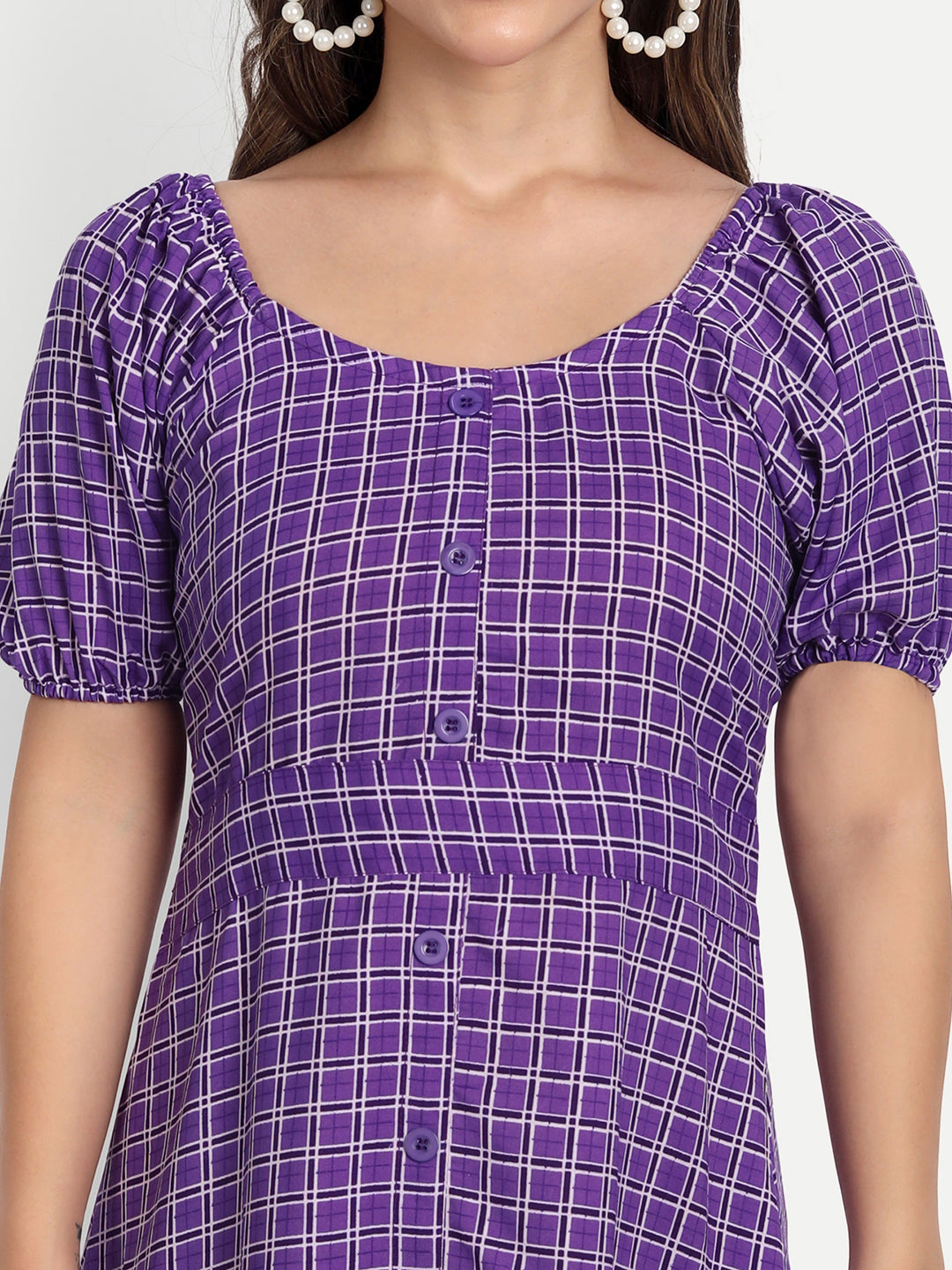 ELEGENT CHECKED AND BUTTONED DRESS - PURPLE