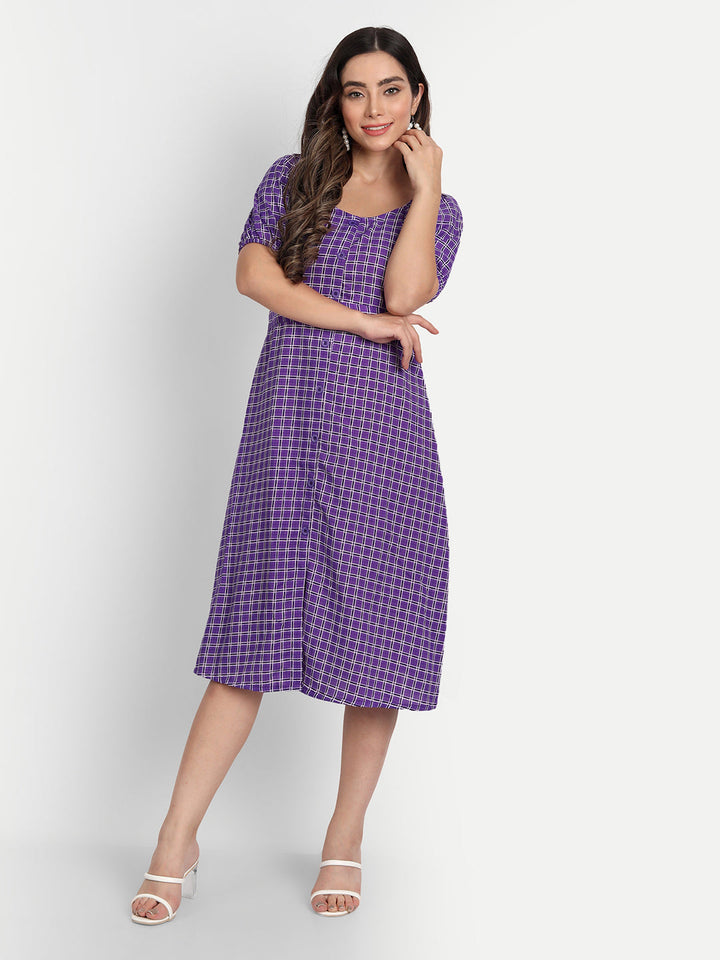 ELEGENT CHECKED AND BUTTONED DRESS - PURPLE