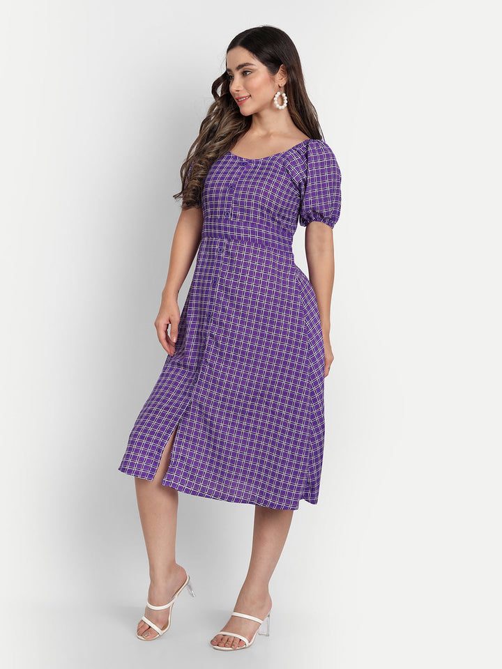 ELEGENT CHECKED AND BUTTONED DRESS - PURPLE