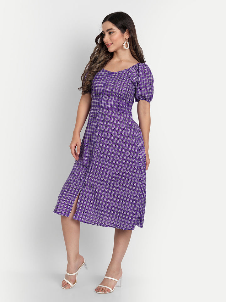 ELEGENT CHECKED AND BUTTONED DRESS - BEIGE