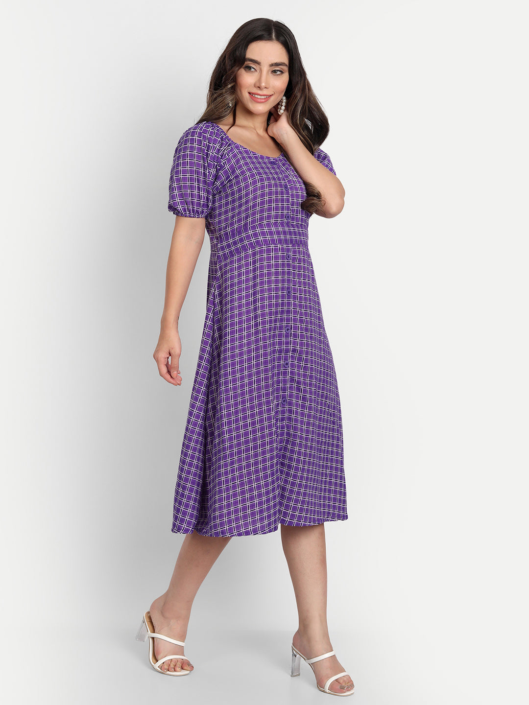 ELEGENT CHECKED AND BUTTONED DRESS - BEIGE