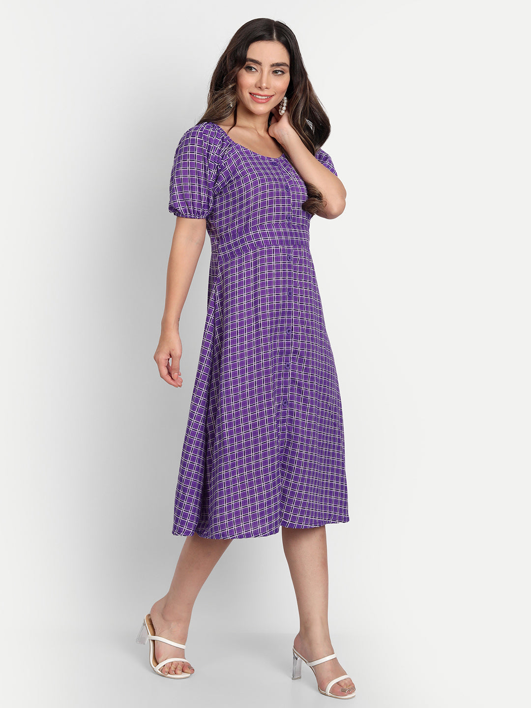 ELEGENT CHECKED AND BUTTONED DRESS - PURPLE