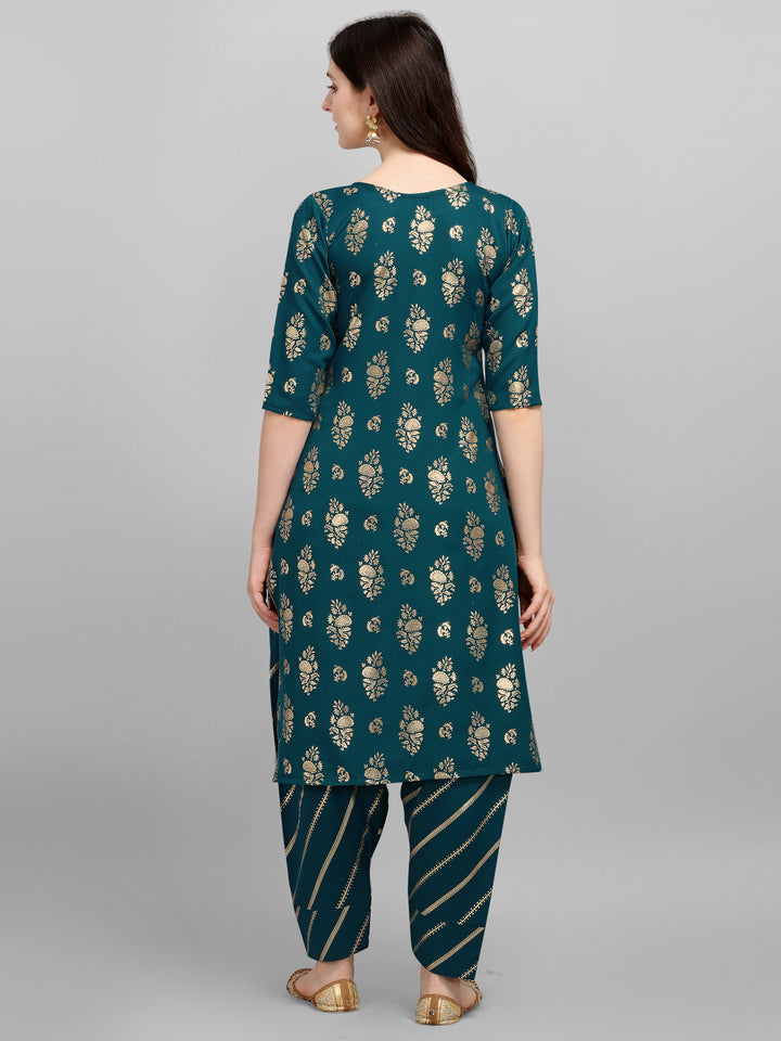 FOIL PRINTED KURTI SALAWAR SET-AQUA BLUE