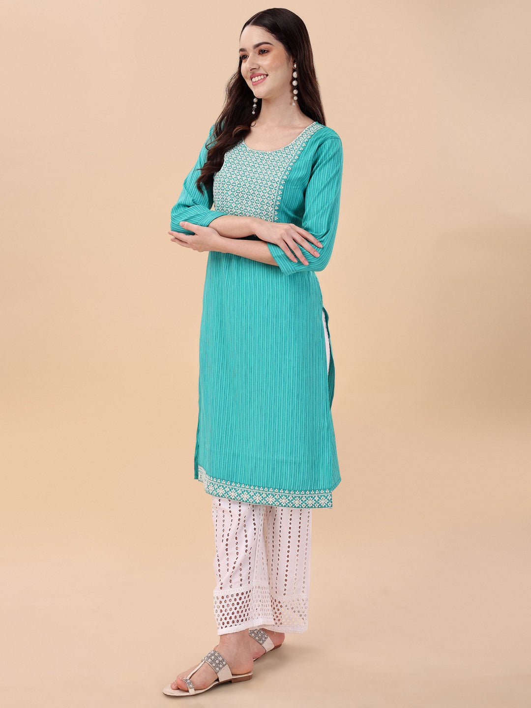 BROAD NECKED STRAIGHT EMBROIDERED  KURTI WITH PALAZZO -WINE