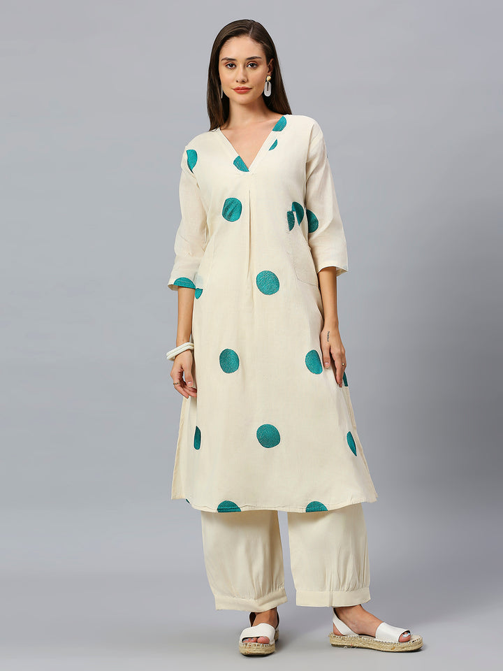 Geometric Embroidery Pure Cotton Straight Kurta With Pant