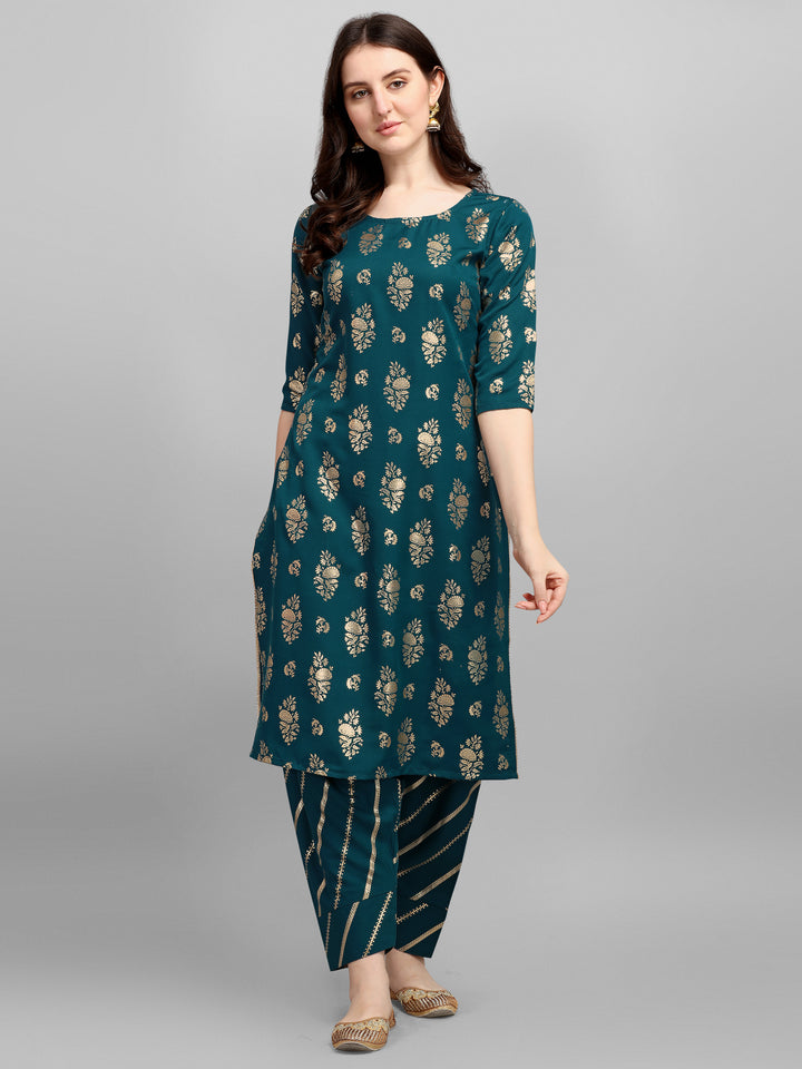 FOIL PRINTED KURTI SALAWAR SET-AQUA BLUE