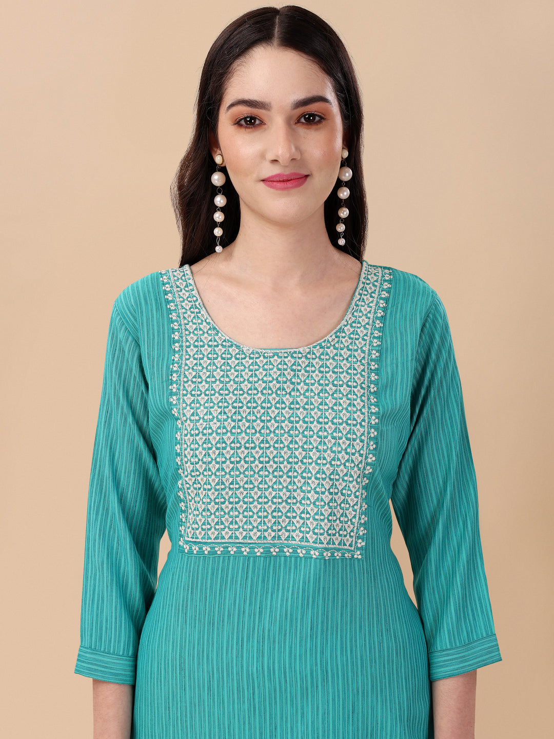 BROAD NECKED STRAIGHT EMBROIDERED  KURTI WITH PALAZZO -WINE