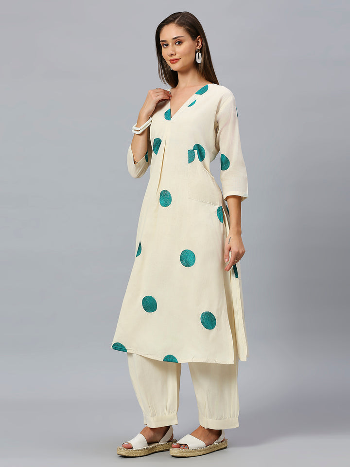 Geometric Embroidery Pure Cotton Straight Kurta With Pant