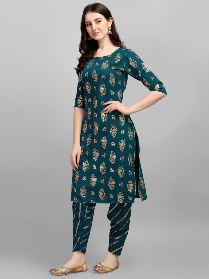 FOIL PRINTED KURTI SALAWAR SET-AQUA BLUE