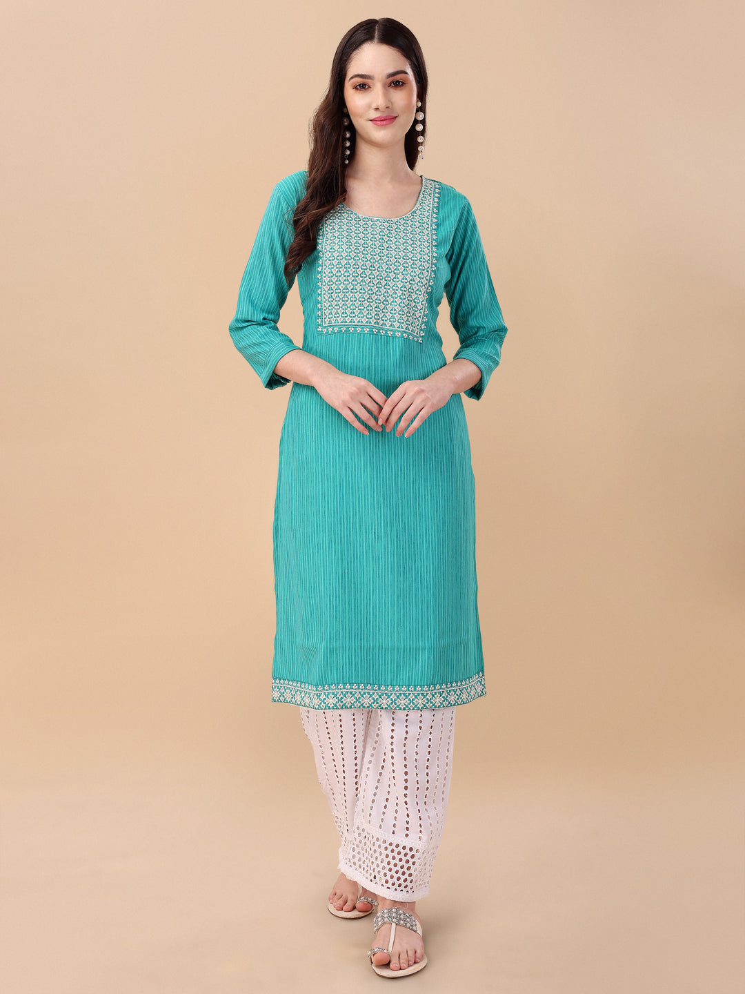 BROAD NECKED STRAIGHT EMBROIDERED  KURTI WITH PALAZZO -BLUE