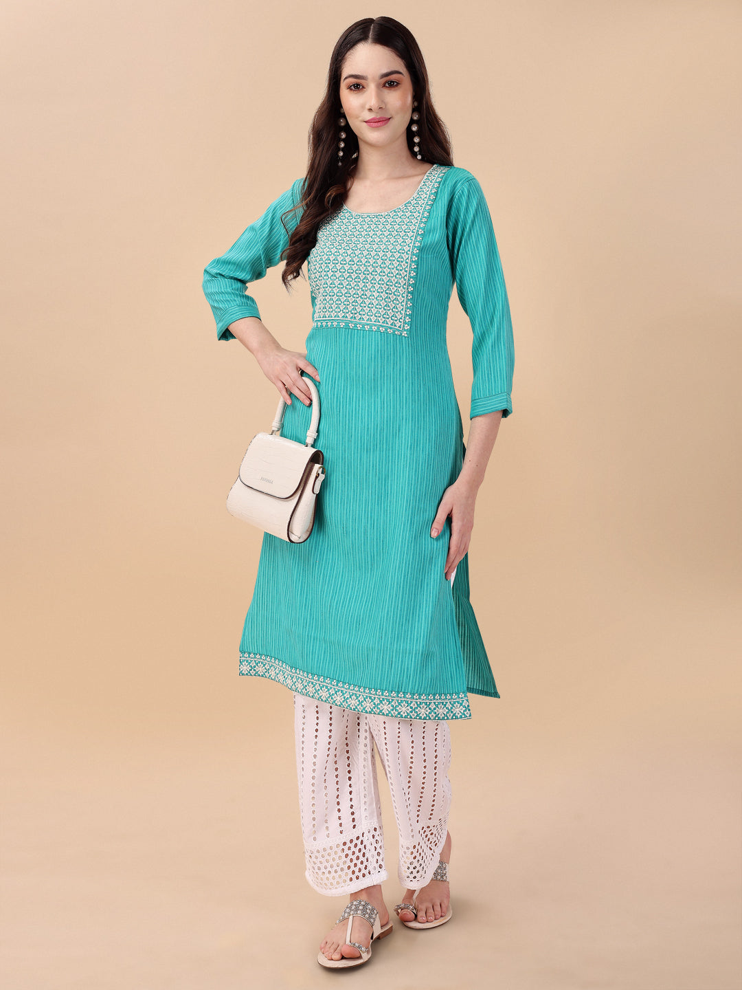 BROAD NECKED STRAIGHT EMBROIDERED  KURTI WITH PALAZZO -BLUE