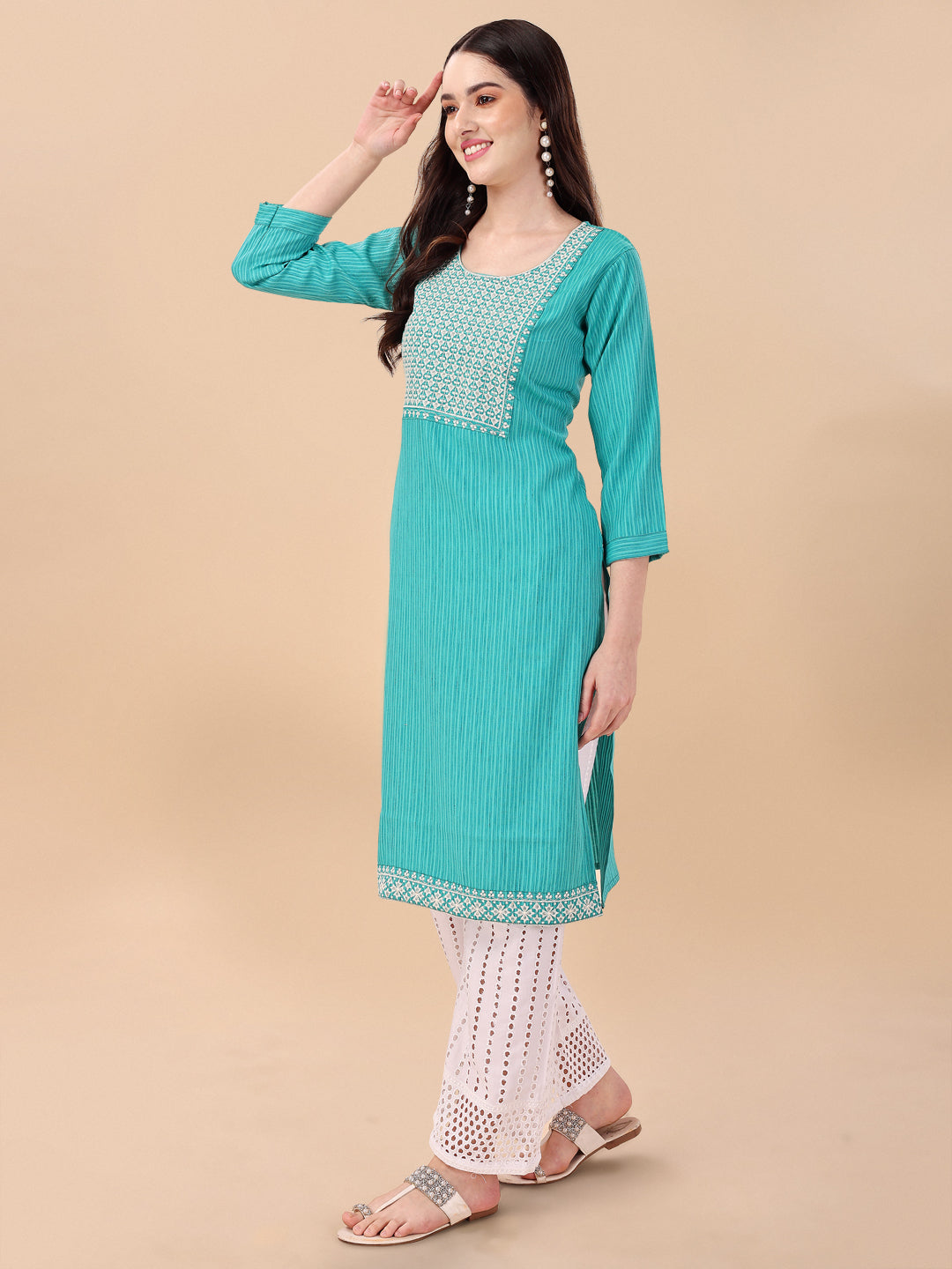 BROAD NECKED STRAIGHT EMBROIDERED  KURTI WITH PALAZZO -BLUE