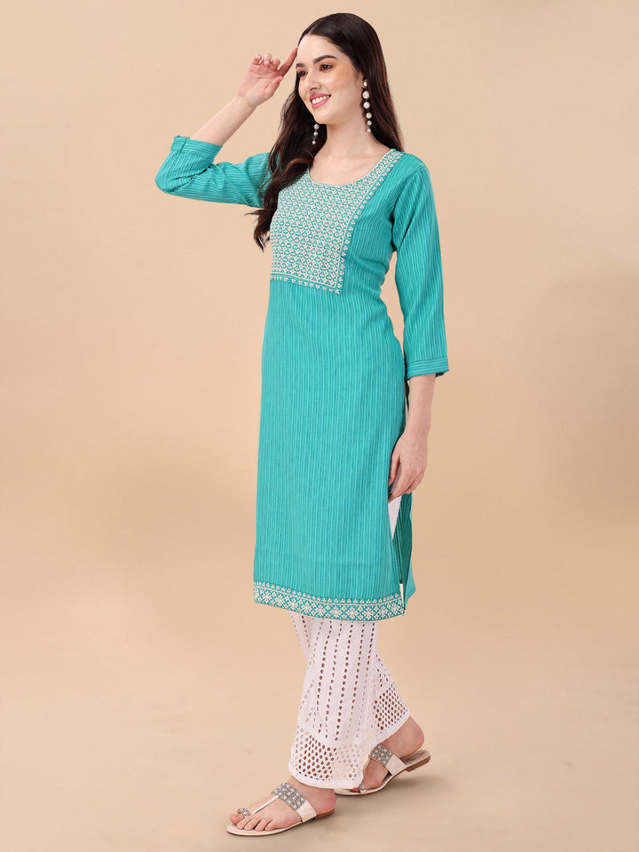 BROAD NECKED STRAIGHT EMBROIDERED  KURTI WITH PALAZZO -WINE