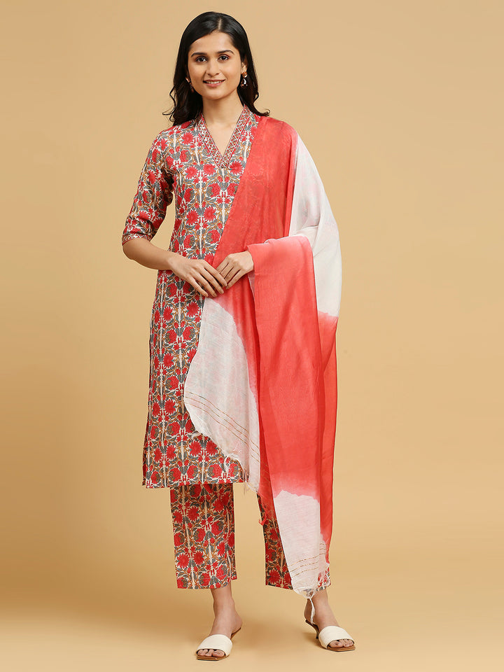 Embroidered Cotton Kurti, Pant, and Dupatta Set