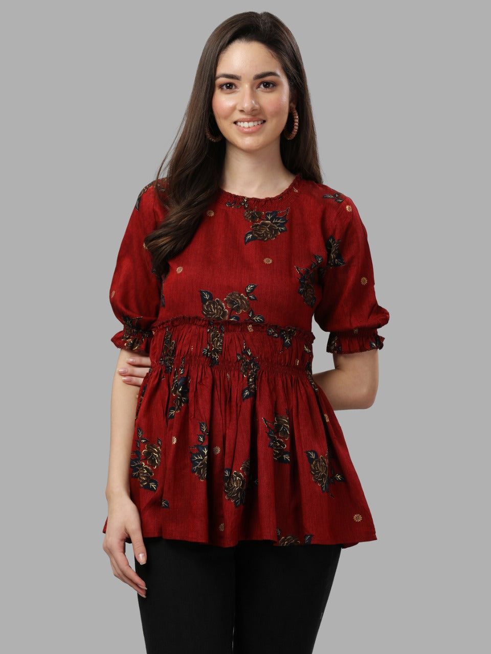 DARK FLORAL PRINTED TOP - BROWN