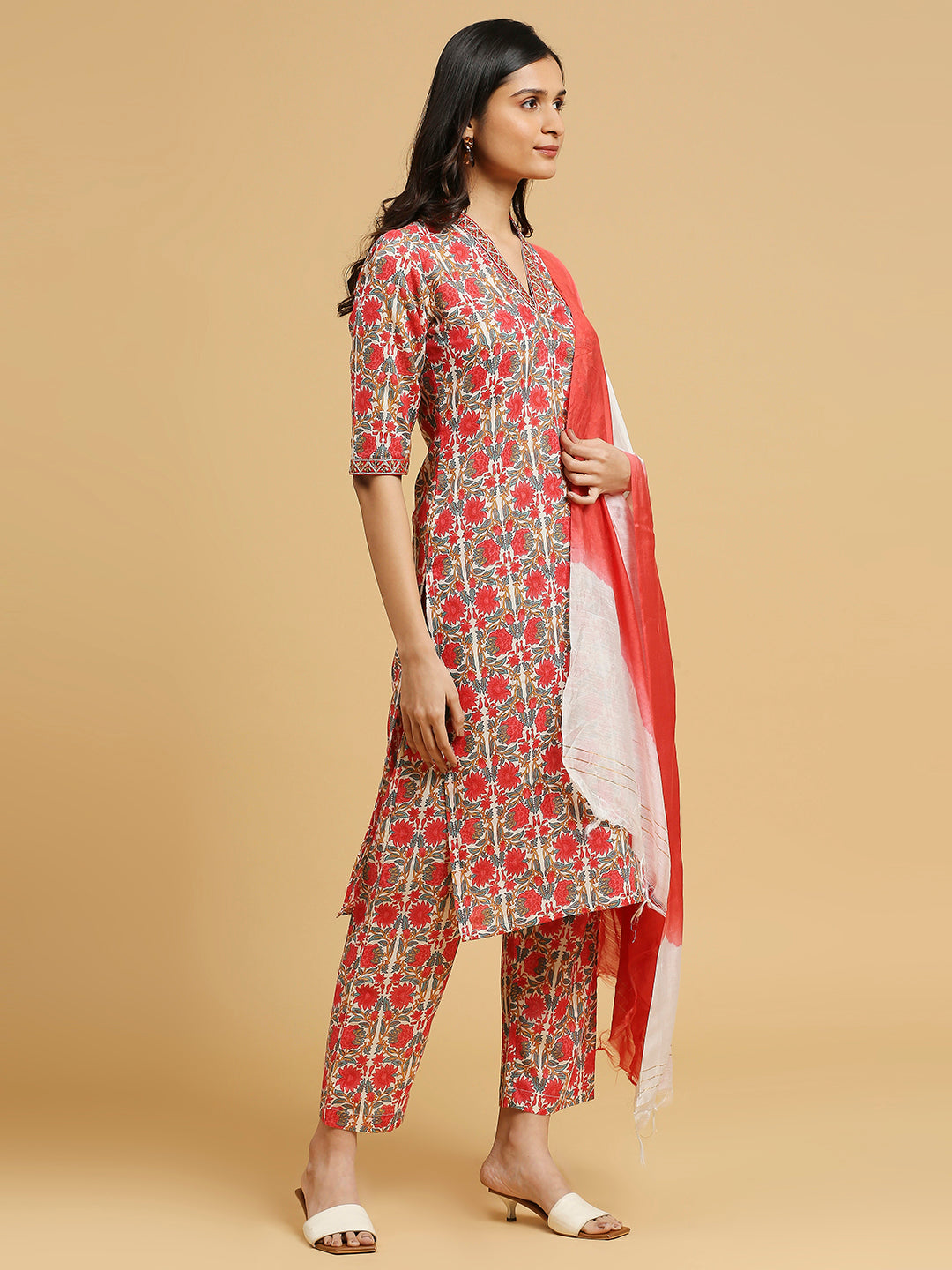 Embroidered Cotton Kurti, Pant, and Dupatta Set