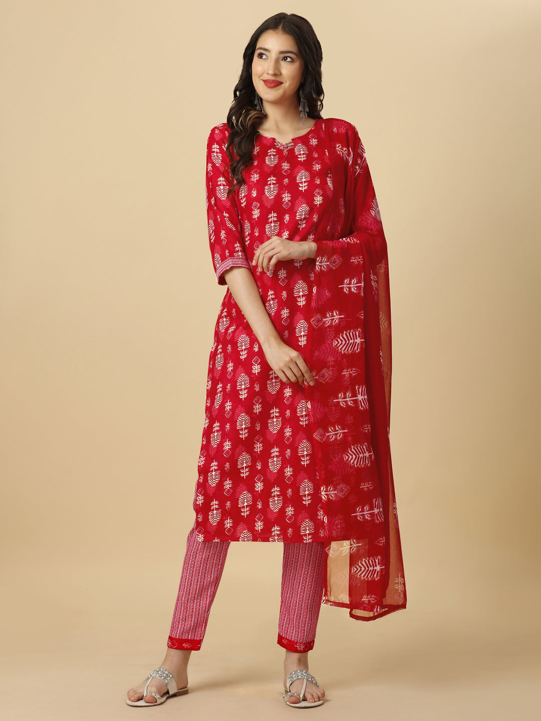 PRINTED KURTI PANT AND DUPATTA SET -PEACH