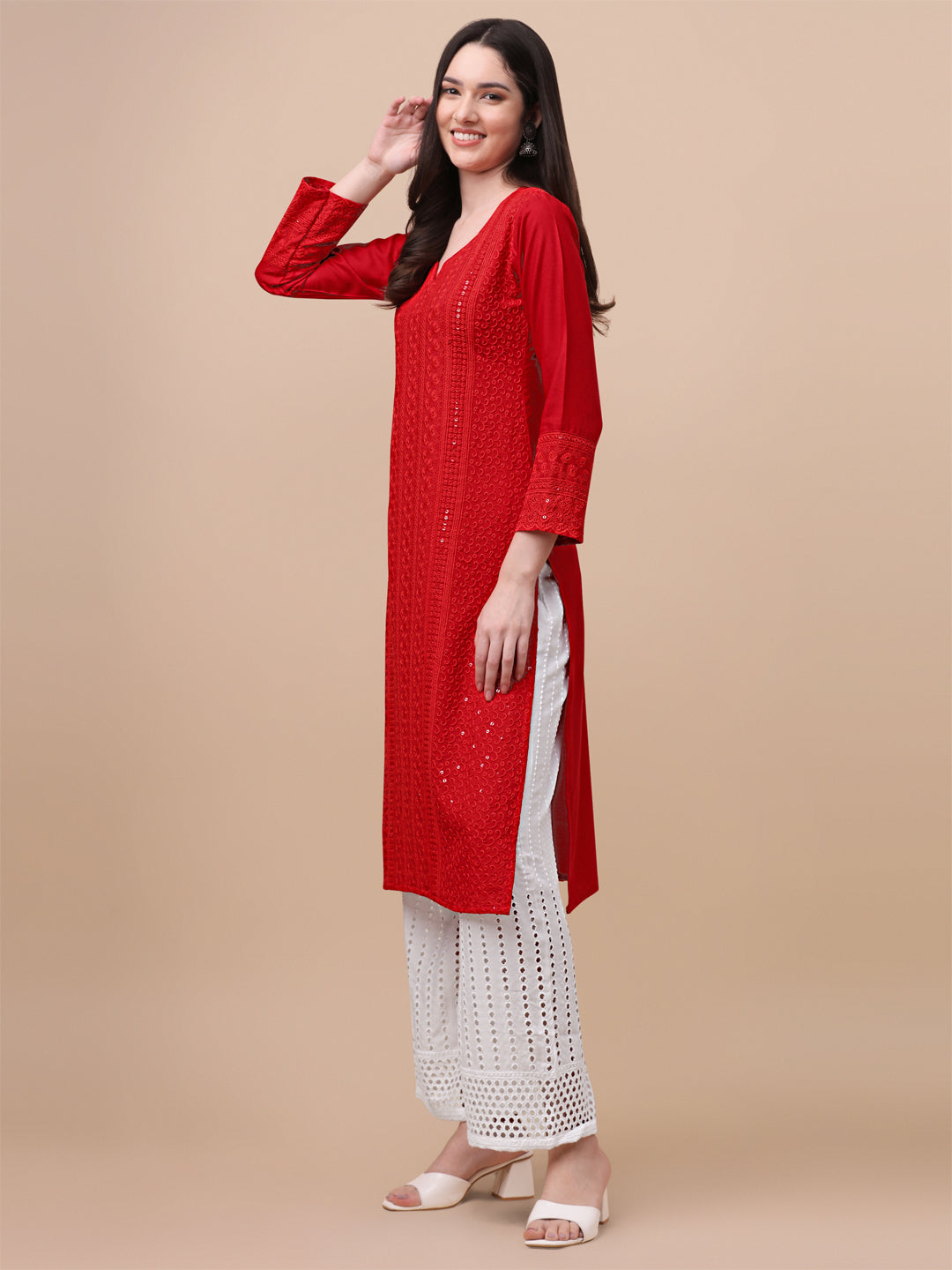 FANCY EMBROIDERY KURTI PALAZZO SET - RED