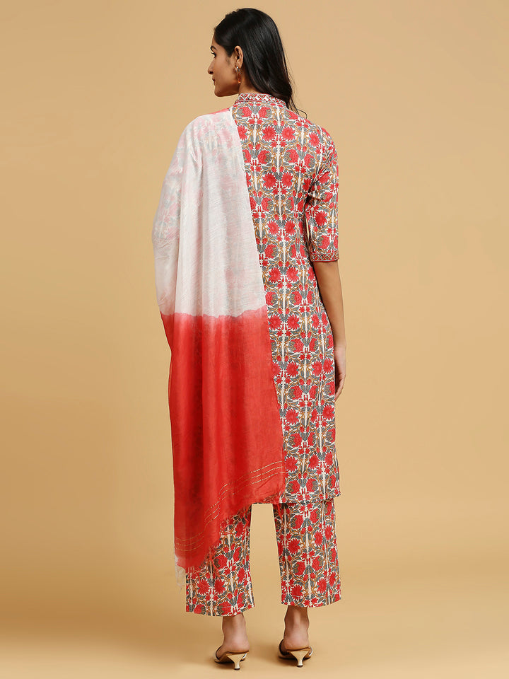 Embroidered Cotton Kurti, Pant, and Dupatta Set