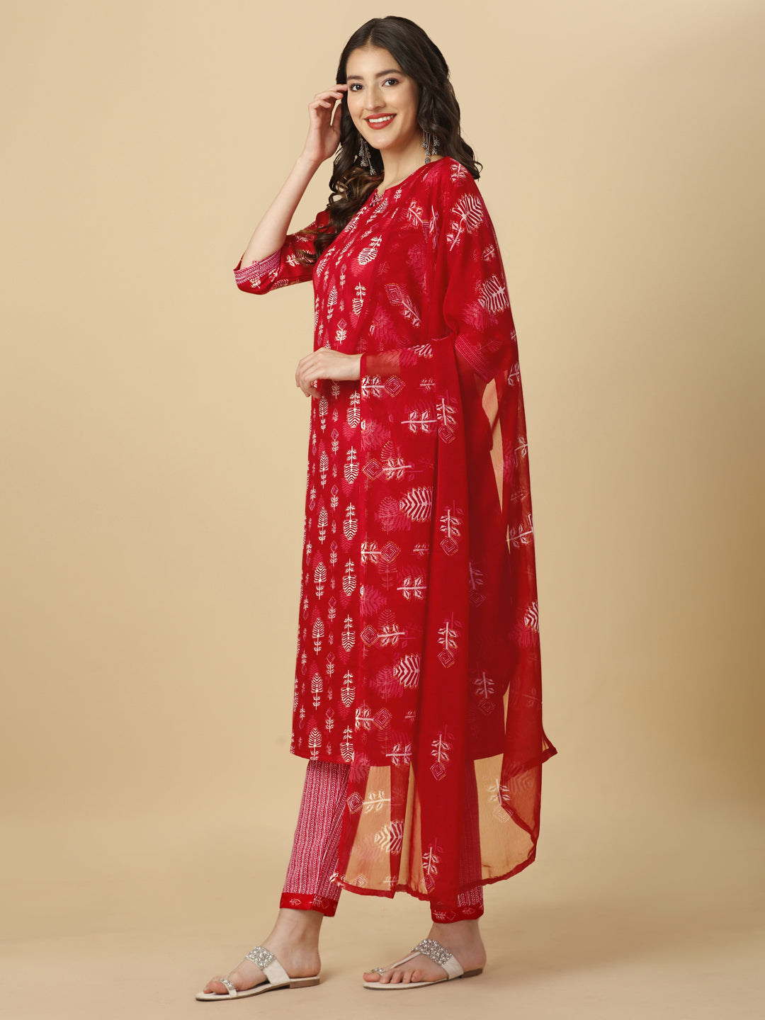 PRINTED KURTI PANT AND DUPATTA SET -PEACH