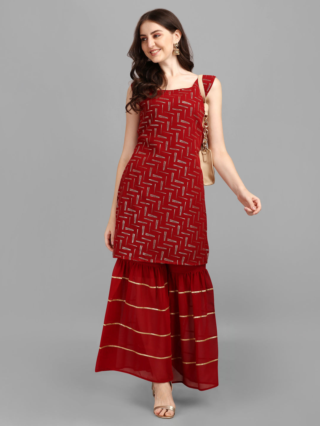 FOIL PRINTED SHARARA SET-RED