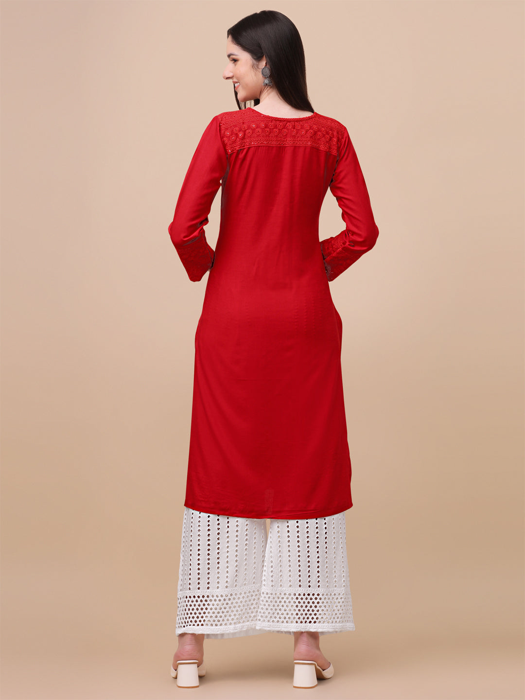 FANCY EMBROIDERY KURTI PALAZZO SET - RED