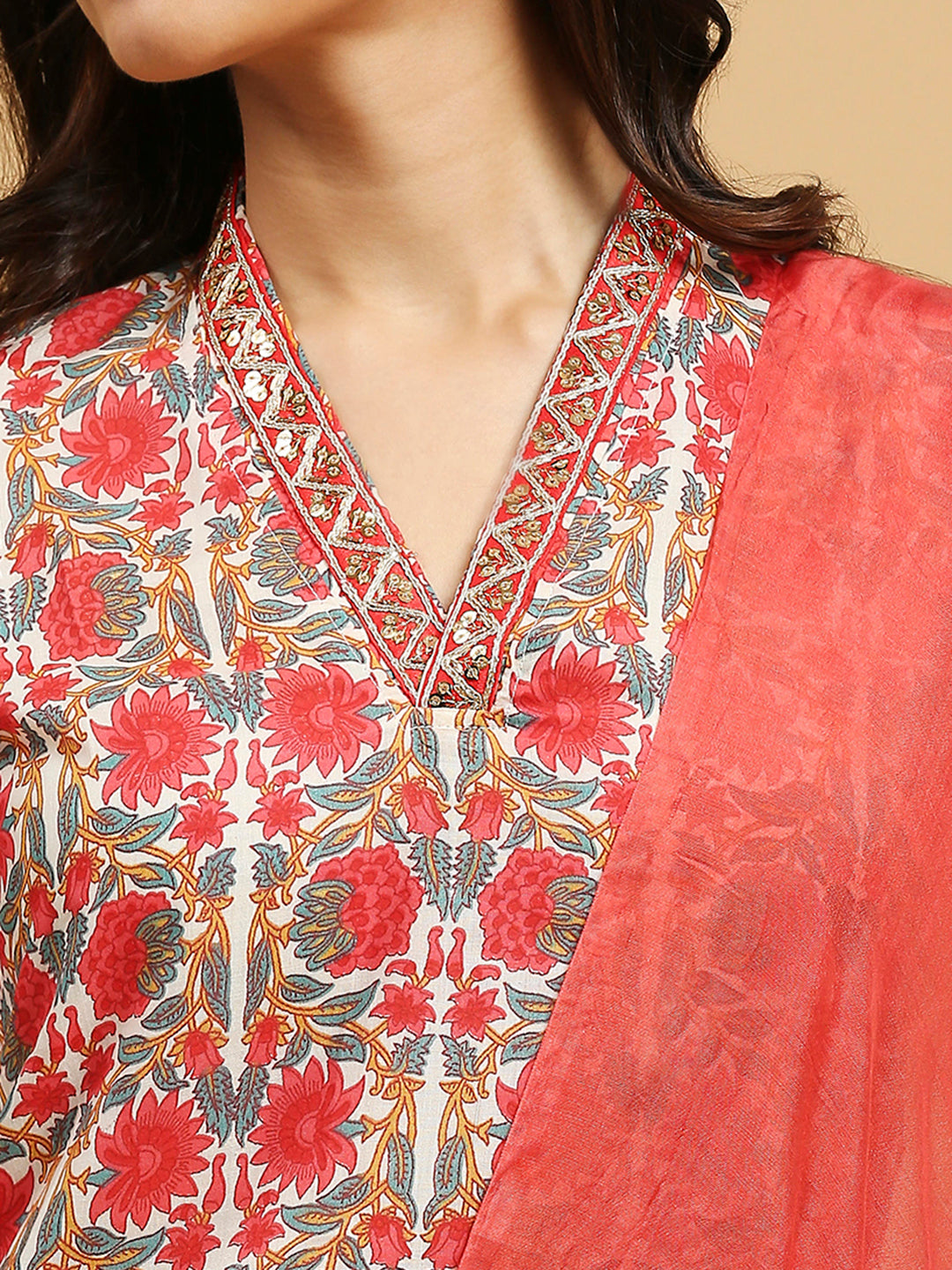 Embroidered Cotton Kurti, Pant, and Dupatta Set