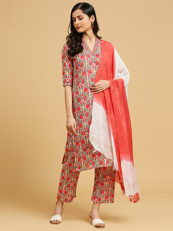 Embroidered Cotton Kurti, Pant, and Dupatta Set