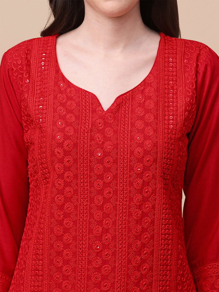 FANCY EMBROIDERY KURTI PALAZZO SET - RED