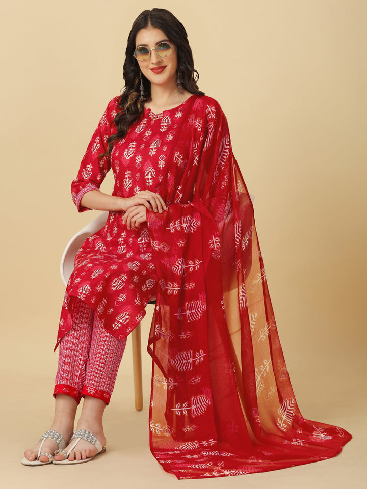 PRINTED KURTI PANT AND DUPATTA SET -PEACH