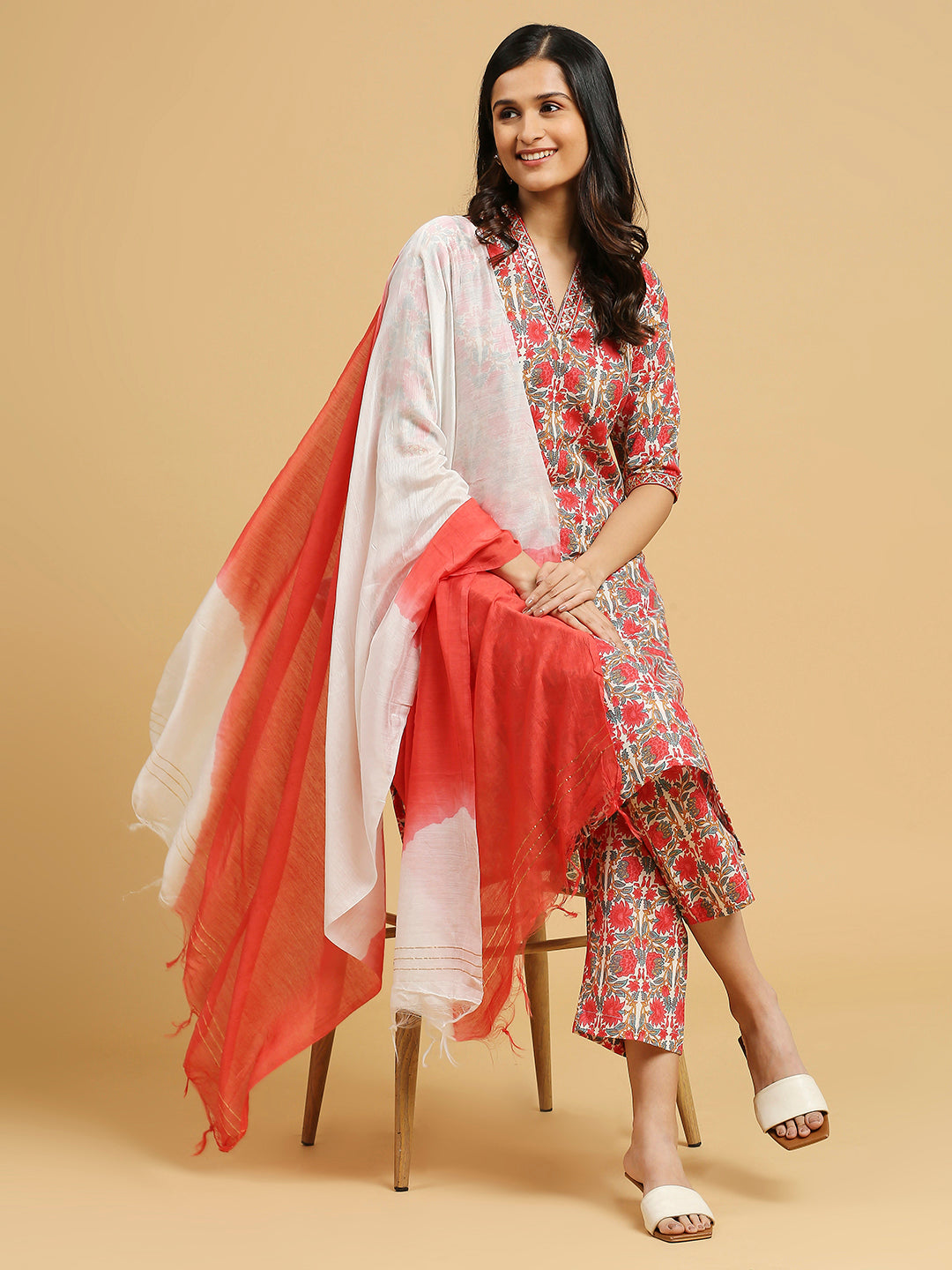 Embroidered Cotton Kurti, Pant, and Dupatta Set