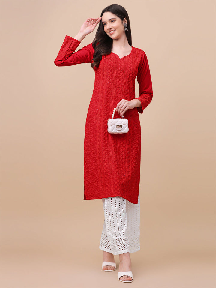 FANCY EMBROIDERY KURTI PALAZZO SET - RED